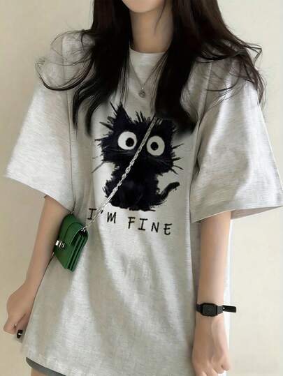 Japanese Style Women Loose Casual Round Neck Letter & Cartoon Cat Print Short Sleeve T-Shirt, Versatile For Spring/Summer
