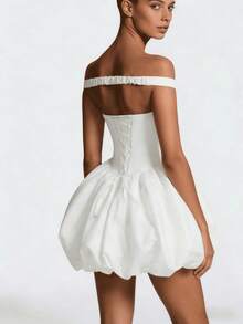Off-The-Shoulder Dress With Straight Shoulders, Fitted Silhouette, And Sexy Drop Shoulders Featuring Puff Sleeves And A Bud-Shaped Skirt - 白色 - 查看 2