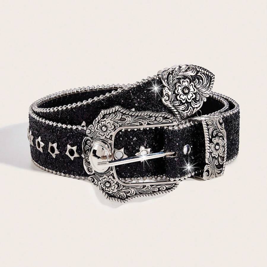 Wide Waist Belt With Rhinestone Embellishments, Women's Personalized Diamond-Inlaid Jeans Belt, Versatile And Stylish Design  Party    Polyurethane(PU)    Grommet Eyelet - 黑色 - 查看 1