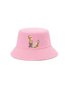 1顶女童粉色花卉字母图案渔夫帽，26个字母个性化时尚款，复古优雅轻便防晒，适合生日、节日、返校、四季休闲、户外、日常佩戴 - 粉色 - 查看 48