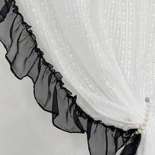 法式复古梦幻蕾丝荷叶边薄纱窗帘，半透明，杆袋式顶部设计，适用于卧室、客厅、餐厅、阳台、公寓窗户，营造浪漫家居氛围 - 黑與白 - 查看 11