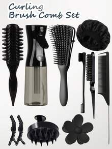 1/3/11/12pcs Hair Styling Tool Set, Includes Spray Bottle, Sleep Cap, Curling Comb Set, 9-Row Comb, Hook Wide-Tooth Comb, Pointed Tail Comb, Double-Sided Comb, Shampoo Massage Brush, Helps Easily Style Natural Curly Hair, Pink/Black/Green Hair Accessories - Pink - View 17