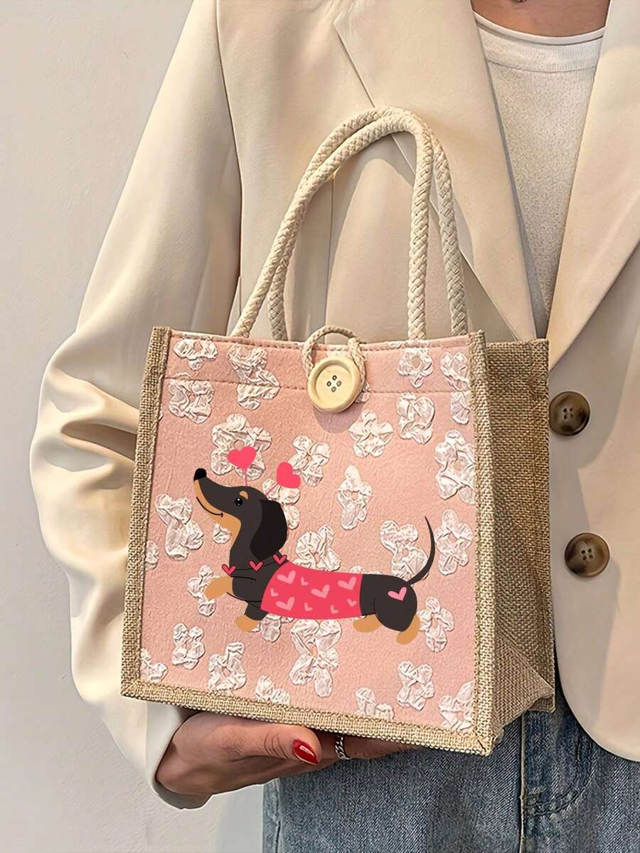 女士多功能亚麻手提包，可爱腊肠犬和爱心图案，可重复使用印花手提包，双提手购物/书包，大容量单肩包，休闲手提包，圣诞节收纳袋，返校午餐包，午餐整理包，教师节礼物袋，简约包，护士包，医生包，适合度假、夏季、旅行、返校、情人节、生日、毕业礼物、收纳整理包、旅行必备 - 彩色 - 查看 1