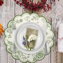 1pc/Set Green Floral Linen Round Placemat, 38cm, Seasonal Kitchen Dining Table Decor Mat, Spring Home Decor, Spring, Wedding Home Decoration - Multicolor - View 2