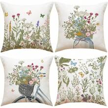 4 PIEZAS Funda de almohada de primavera con diseño de plantas verdes y flores, funda decorativa cuadrada de lino con estilo rústico para cojín de sofá y cama de uso doméstico, de un solo lado, sin incluir la almohada - Verde Pastel - Ver 10