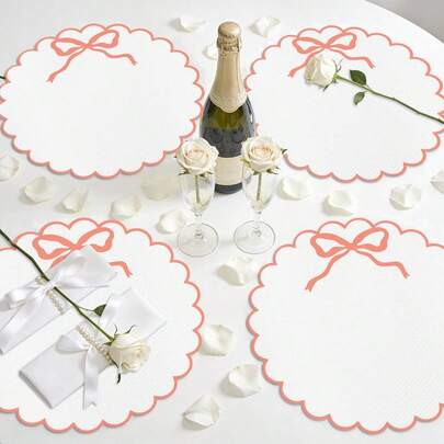 2件/4件/6件/8件装粉色蝴蝶结图案节日快乐厨房餐桌垫，圆形餐垫，季节性家居装饰，13.7英寸 x 13.7英寸圆形设计，节日装饰，厚亚麻材质