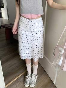 2026 Summer White Black Polka Dot Midi Skirt - Elegant Pure Yurty Sweet Casual Street High-Waist A-Line Flowy Hem Mini Bow Detail Ladies Skirt , Perfect For Valentine's Day/Women's Day/Mother's Day - Black and White - View 5