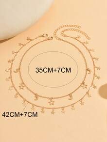 2pcs/Set Star & Moon Tassel Layered Necklace, Fashion Double-Strand Choker Necklace, Handmade Adjustable Length With Random Star Tassel Quantity, Suitable For Daily Wear, Dating And Photo Shooting - Golden - View 4
