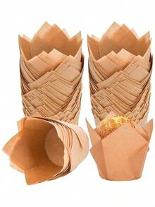 50/100/200pcs Natural Tulip Cupcake Liners, Unbleached European Style Baking Cups, Tulip Cupcake Wrappers, Party & Christmas Cake Cups - Wood Color - View 2