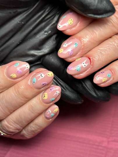 24pcs Short Round Press On Fake Nails Pink ​Short Nail Cartoon Rabbit Fake Nails Easter Nails