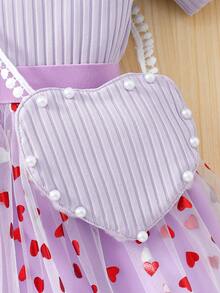 Toddler Girls' Solid Color Ribbed Short Sleeve Top + Heart Mesh Skirt Set With Heart Crossbody Bag, Summer - Purple - View 9