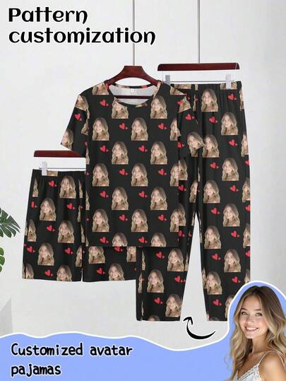 Conjunto de pijama personalizado de 3 piezas de manga corta para hombre, se puede imprimir cualquier patrón, pijamas personalizados con fotos, ropa de dormir cómoda con imágenes divertidas personalizadas. Adecuado para ocasiones como el Día de San Valentín, cumpleaños, regalos, personalizado, colorido, lindo, ingenioso, único, exclusivo, regalo ideal para novio, adecuado para novio, familia, amigos, mayores, de moda para otoño, ocasiones de fiesta