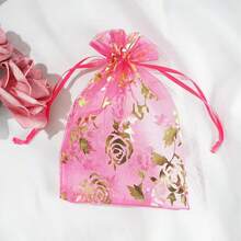 10pcs Gold Foil Rose Pattern Drawstring Organza Bags, Jewelry & Cosmetic Sample Packaging Pouches - Multicolor - View 12