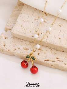 1pc Fashion Stainless Steel Cherry Charm Pearl Chain Necklace For Women Choker Necklaces Female Jewelry Best Friends Gifts - necklace - View 8