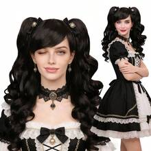 Fluffy Wave Double Ponytail Wig, Jet Black High-Temperature Fiber Cosplay Wig, Heat Resistant & Voluminous, Perfect For Anime Cosplay, Comic Con & Lolita Style, Playful & Eye-Catching - Black - View 1