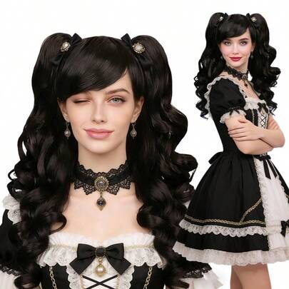 Fluffy Wave Double Ponytail Wig, Jet Black High-Temperature Fiber Cosplay Wig, Heat Resistant & Voluminous, Perfect For Anime Cosplay, Comic Con & Lolita Style, Playful & Eye-Catching