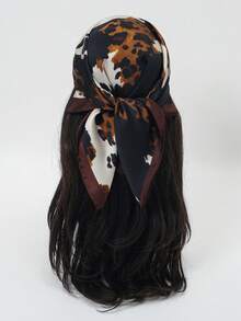 1条女士方巾，棕白豹纹印花，多功能发带、头巾、领巾 - 黑棕白 - 查看 3