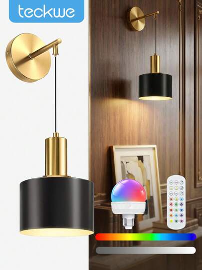 Teckwe 1个电池供电壁灯，无线充电壁灯，带可调节灯泡和遥控器，RGB壁灯，现代壁灯，卧室客厅墙面装饰