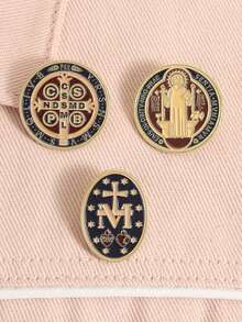 1/3pcs Catholic Faith Symbol Brooch, Zinc Alloy Enamel Material, Latin Prayer Text & Cross Icon Decor, Catholic Religious Theme Badge, Unisex Design, Religious Accessory Gift - Multicolor - View 6