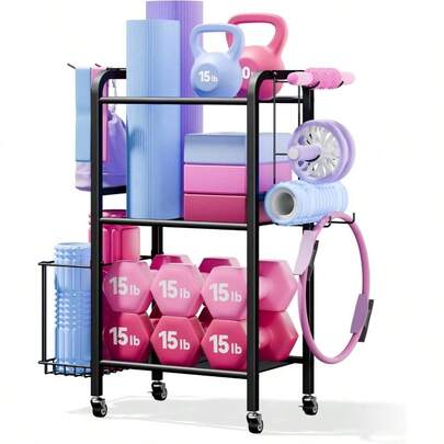 3 - Tier Heavy - Duty Home Gym Storage Rack With Hooks And Smooth Wheels Workout Gear
