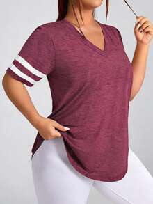 Plus Size Women's Fashion V-Neck, Striped Spliced Cuff Short Sleeve, Spring/Summer Outdoor Sports And Leisure T-Shirt - Red Violet - View 3