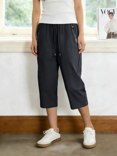 Pantalones capri de deporte de seda de hielo para mujer, pantalones capri casuales ligeros, para correr al aire libre, minimalistas y de moda, con efecto de drapeado en negro