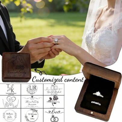 1 Piece Of Customizable Personalized Groom And Bride Wedding Ring Box With 2 Slots, Made Of Walnut Wood. This Ring Box Is Suitable For Engagement, Wedding Anniversaries, And For Ladies. It Is A Portable Wooden Jewelry Box, A Small Jewelry Box Designed For Women, A Simple Home Jewelry Organizer, A Travel Organizer, And An Exquisite Mini Storage Box That Can Hold Earrings.
