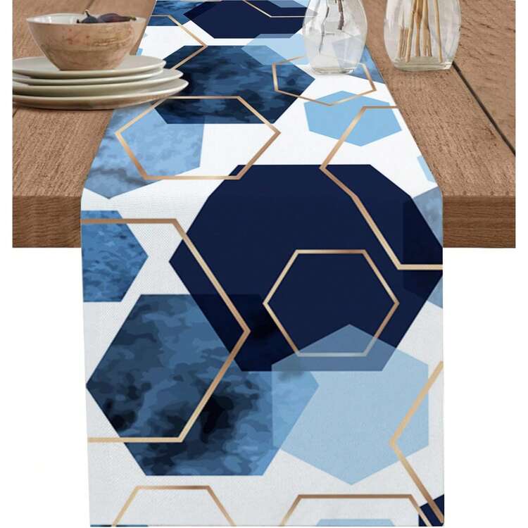 1pc Geometric Blue Hexagon Pattern Table Runner With Gold Decorative Trim - Woven Polyester, Rectangular, Decorative Center Piece, Suitable For Dining, Parties, Indoor And Outdoor Events - Blue - View 1