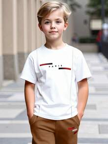 Boys/Toddler Boys' Spring/Summer Short Sleeve T-Shirt And Pants 2-Piece Set, Letter & Stripe Print Design, Round Neck, Comfortable, Casual, Versatile Outfit - Brown - View 6