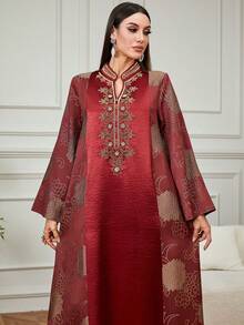 Solessence Áo Jalabiya dài thanh lịch dành cho nữ, thời trang, họa tiết jacquard ngẫu nhiên, đính cườm và thêu tinh tế, thích hợp cho lễ Eid, mặc hàng ngày và ở nhà vào mùa xuân. - Đỏ - Xem 2