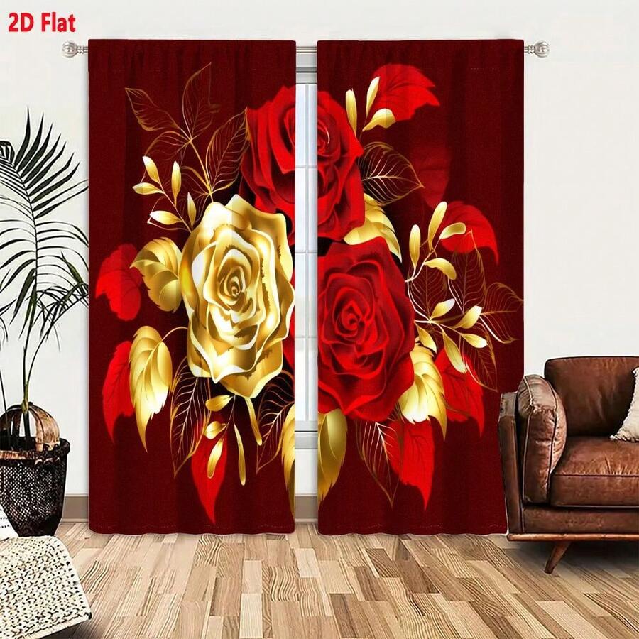 2D Flat - 2pcs Valentine'S Day 3-Rose Bouquet Curtain Set | Red & Golden-Yellow Roses With Foliage Pattern, Luxurious Art Deco Design, Polyester Velvet, Semi-Sheer, Machine Washable For Bedroom And Living Room Decor - Nhiều màu - Xem 1