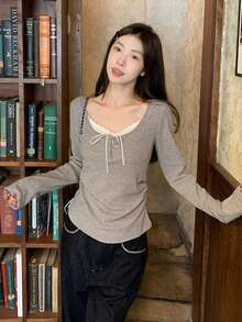 Lace Patchwork Long Sleeve T-Shirt, Sweet Undershirt - Grey - View 10
