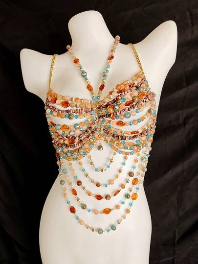 2026 Spring/Summer New Shawl Bikini Accessories, Unisex Transgender Body Chain, Sexy Lingerie Accessories For Nightclub, Music Festival, Diamond Floral Print Glitter Romantic Bikini, Beach, Resort, Nightclub, Music Festival, Party