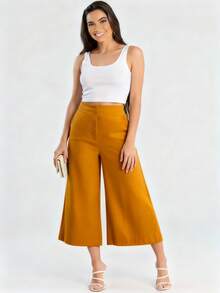 Women's Linen Capri Midi Pantacourt Trousers With Buttons, Wide Leg, Flare, High Waist, Casual Style - 駝色 - 查看 1