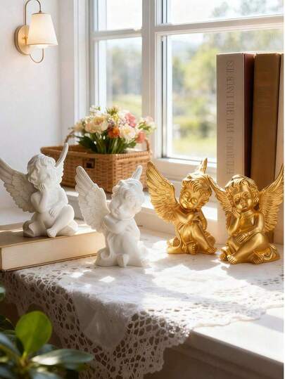 2件天使雕像 - 树脂装饰摆件，送给朋友的完美礼物，桌面和阳台装饰艺术品