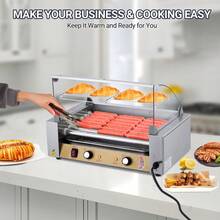 Parrilla Eléctrica de Rodillos para Hot Dogs – 5 Rodillos de Acero Inoxidable, Capacidad para 12 Salchichas, 750W de Alta Potencia, Bandeja de Goteo Extraíble, Estante Protector de PC – Ideal para Fie - Plateado - Ver 1