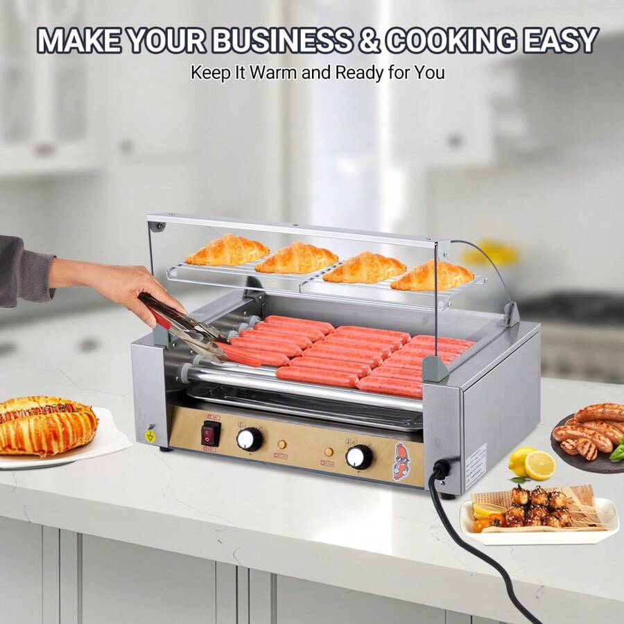 Parrilla Eléctrica de Rodillos para Hot Dogs – 5 Rodillos de Acero Inoxidable, Capacidad para 12 Salchichas, 750W de Alta Potencia, Bandeja de Goteo Extraíble, Estante Protector de PC – Ideal para Fie - Plateado - Ver 1