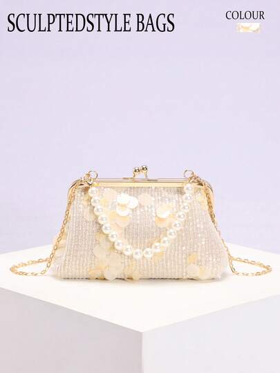 1件哑光白色美人鱼亮片网纱拼接闪亮亮片珍珠扣手提包，优雅适合派对、旗袍、亮片连衣裙等场合。