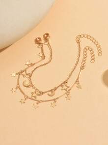 2pcs/Set Star & Moon Tassel Chain Bracelet, Fashionable Double-Layer Bracelet, Versatile Women Jewelry Suitable For Ramadan, Daily Wear, Dates, And Photo Shoots. Handmade Chain Length Customized, Random Star & Tassel Quantity - Multicolor - View 3