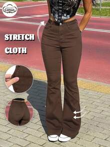 GILIPUR High-Waisted Flare Stretch Jeans, Brown Y2K Style Women's Pants, Elegant Casual Streetwear - Dark Khaki - View 6