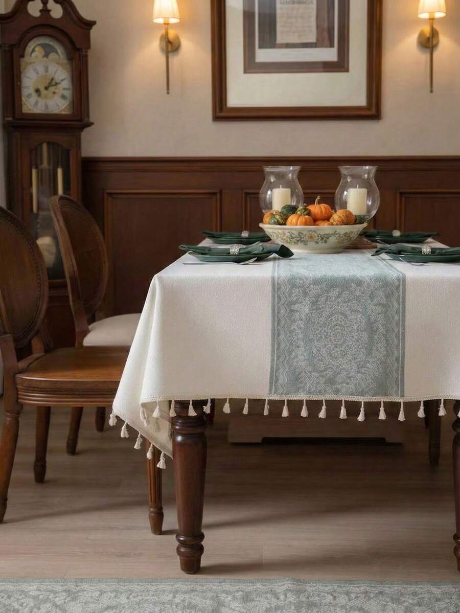 1pc Vintage American Country Style Green Floral Jacquard Tablecloth With Tassels, Rectangular Decorative Cover For Dining Table, Coffee Table, TV Stand, Entryway, Suitable For Holidays, Parties, Weddings, Banquets, Home Decor, All Seasons - Multicolor - View 1