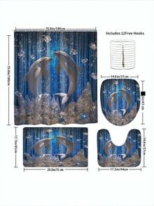 1/4 件装星空梦幻蓝水晶海豚印花防水浴帘,浴室装饰套装,含 12 个挂钩、浴垫、马桶盖,现代家居浴室配件,适合作为礼物 - 多色 - 查看 9