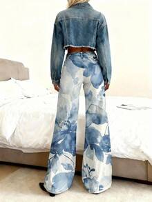 Women's Wide-Leg 3D Denim Jeans Pants With Blue Floral Watercolor Print - Winter Warm Loose-Fit Elastic Pants Suitable For European/American Styles, Casual Outdoor Wear, Button Closure & Machine Washable - Nhiều màu - Xem 3