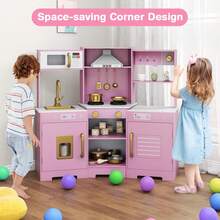 Pretend Play Kitchen For Kids Toddler Aged 3+ Wooden Toy Set With Range Hood White/Brown - Pink - View 7