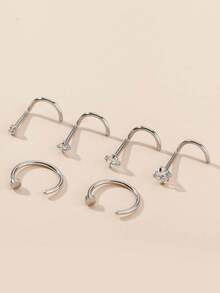 6 piezas Anillos de nariz de acero inoxidable con circonita y pendientes de nariz negros - Plateado - Ver 3