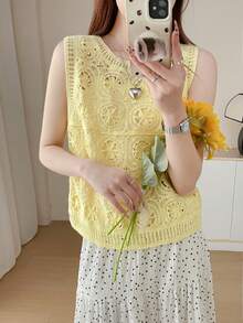 宽松针织镂空吊带背心，无袖钩针上衣，轻盈透气，百搭夏季时尚单品 - 黃色 - 查看 2