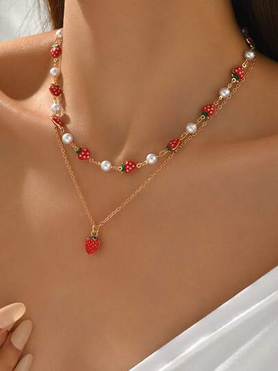 2pcs/Set Cute Strawberry Pendant Necklace, Versatile Colorful Strawberry Chain Layered Necklace Jewelry For Women, Adjustable Chain Length