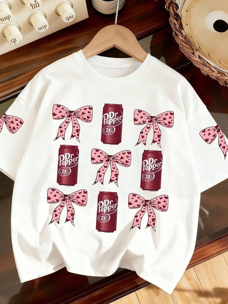 Tween Girl Casual Simple Girl T-Shirt Red Bow And Soda Pattern Pullover Round Neck Short Sleeve T-Shirt Kids Clothes Girls Summer New Short Sleeve Top - White - View 1