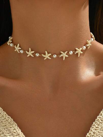 1pc White Starfish Faux Pearl Necklace, Handmade Minimalist Ocean Style Elegant Choker Necklace For Women, Suitable For Daily Wear, Beach Vacation And Party