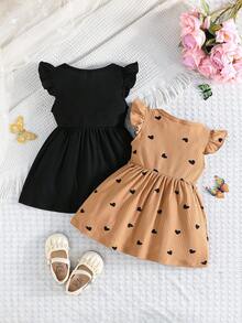 2pcs/Set Toddler Crew Neck Cap Sleeve Butterfly Print & Solid Ribbed Minimalist Cute Outfits, Spring/Summer - Camel - View 3